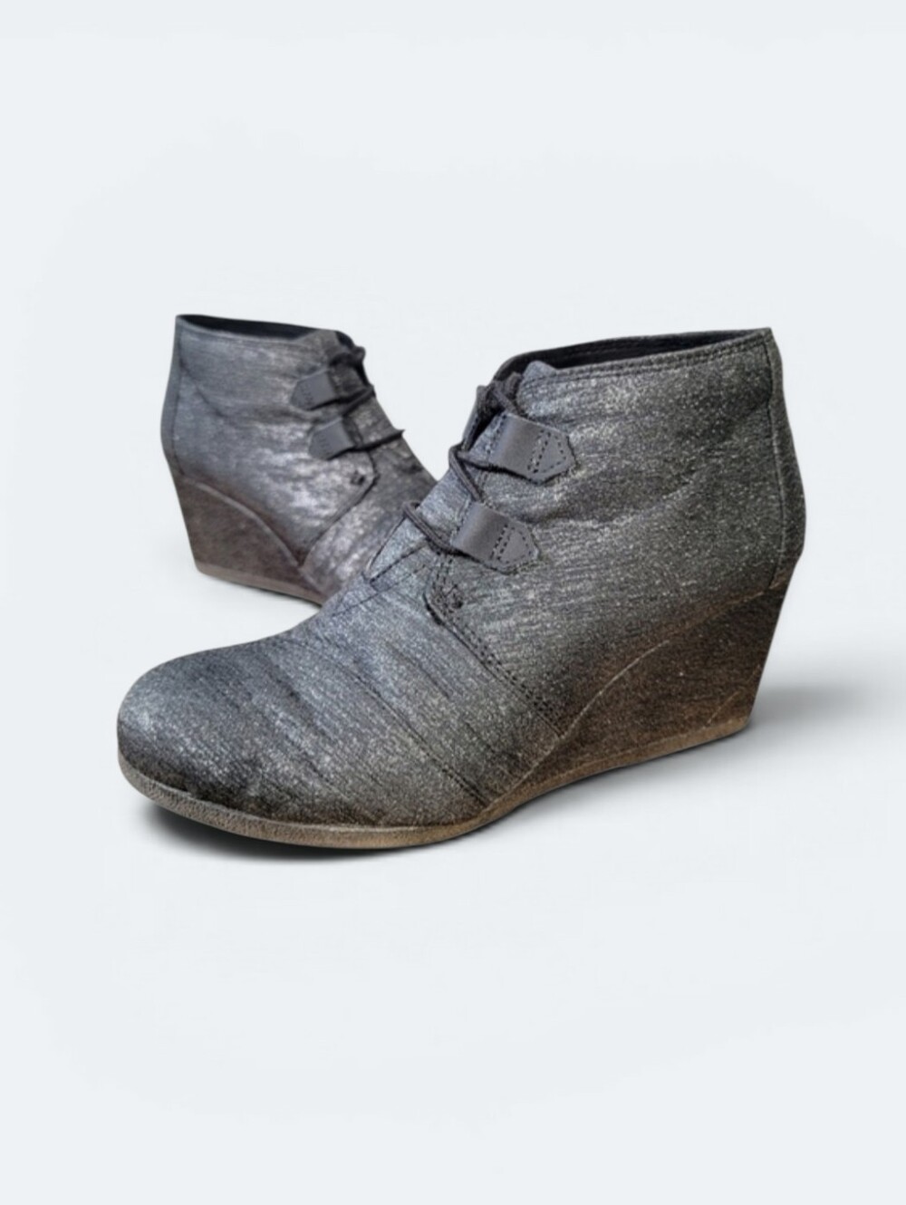 Toms Kala Black Sparkle Lace Up Wedge Booties Size 8